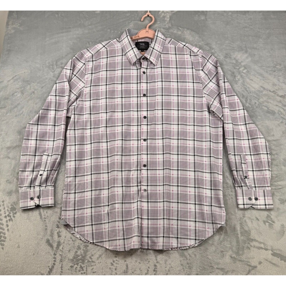 WRK Shirt Mens 18 White Purple‎ Windowpane Check 4-Way Stretch Flip Cuff